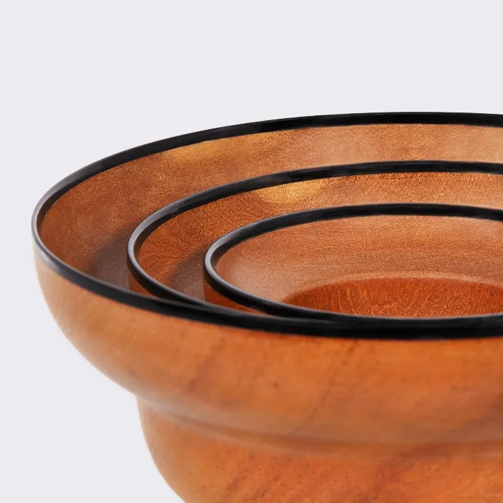 Handcrafted mendoravy wooden bowl from Madagascar with a double-structured rim and black horn trim.