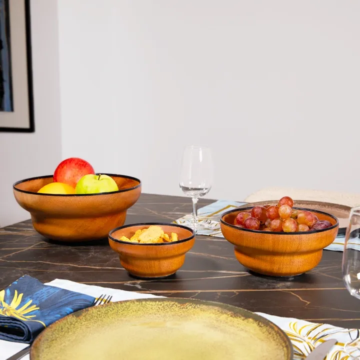 Handcrafted mendoravy wooden bowl from Madagascar with a double-structured rim and black horn trim.