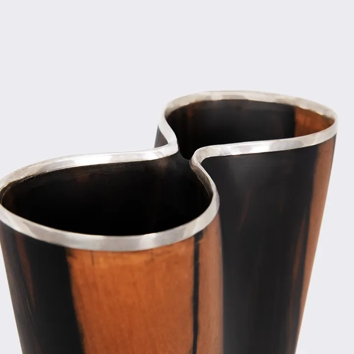 High-end living room decor: ebony vase with a unique double shape and silver rim