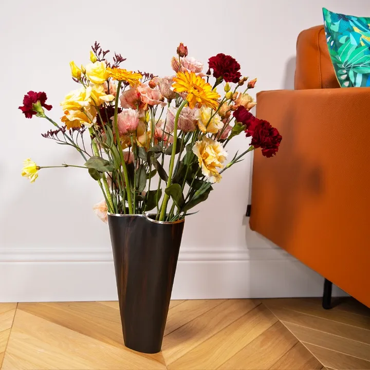 High-end living room decor: ebony vase with a unique double shape and silver rim