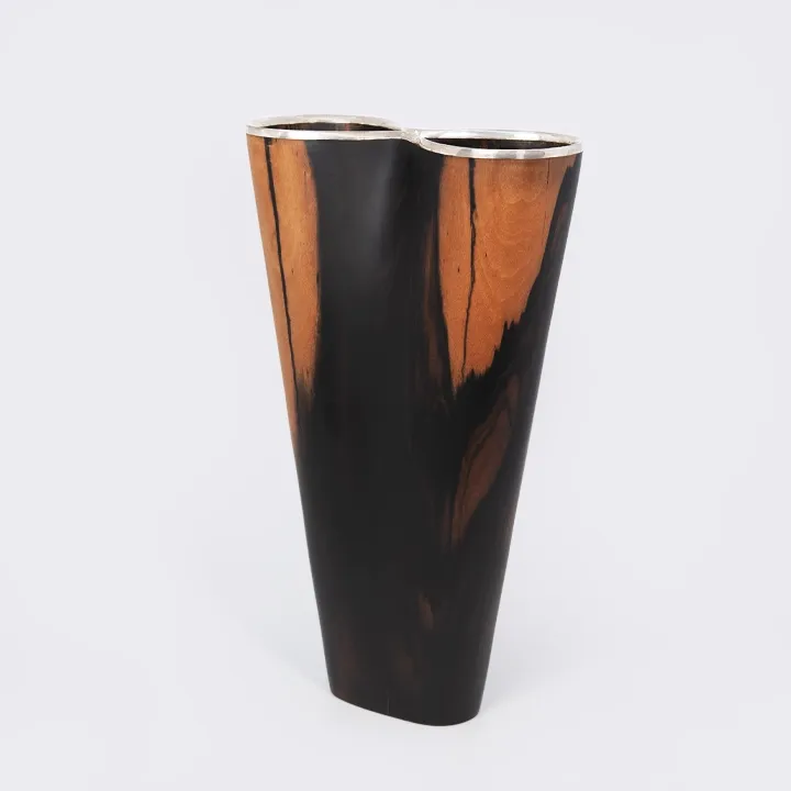 High-end living room decor: ebony vase with a unique double shape and silver rim