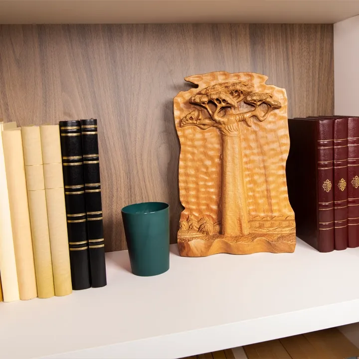 Stylish bookshelf decor: Artisan wooden relief plaque of a solitary Baobab tree