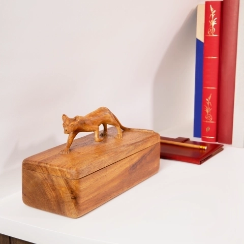 Office decor: Fossa wooden keepsake box, handmade, shown in a modern office.
