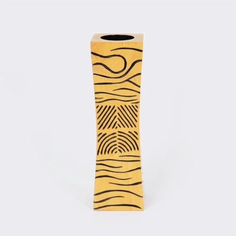 Modern artisan wooden candle holder with abstract black line art design.