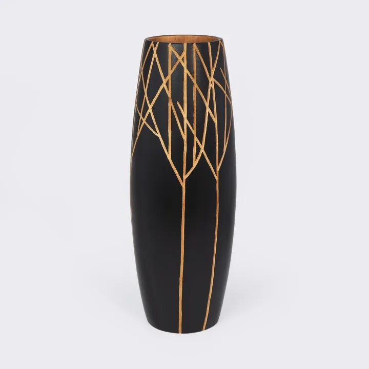 An elegant, handcrafted black wooden vase