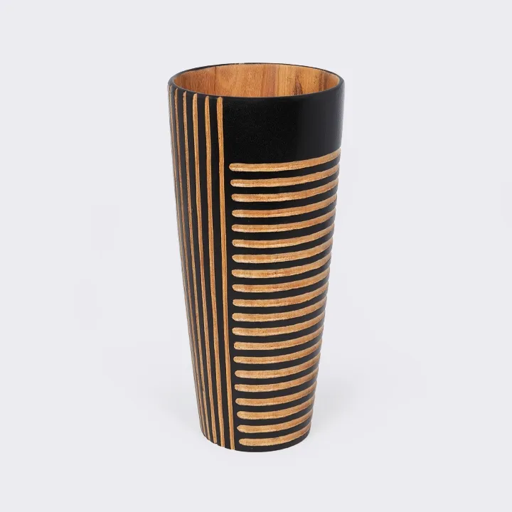 Handcrafted conical vase in solid wood, with a modern design of engraved vertical and horizontal lines.