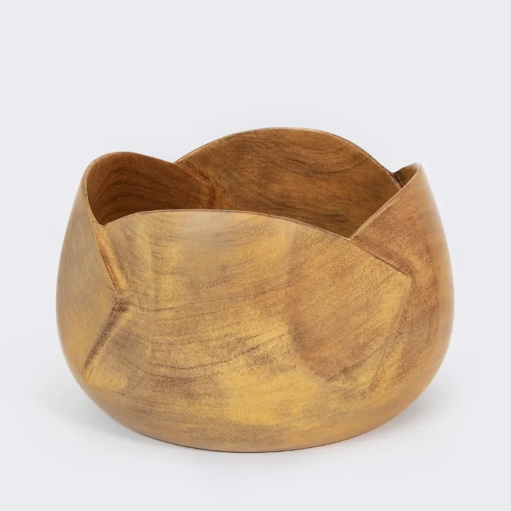 Rotating view of the Handcrafted sohihy wood bowl with a sculptural flower design, artisan made in Madagascar.