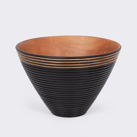 Handcrafted conical bowl in natural wood, with a matte black ribbed exterior and a natural gold interior.