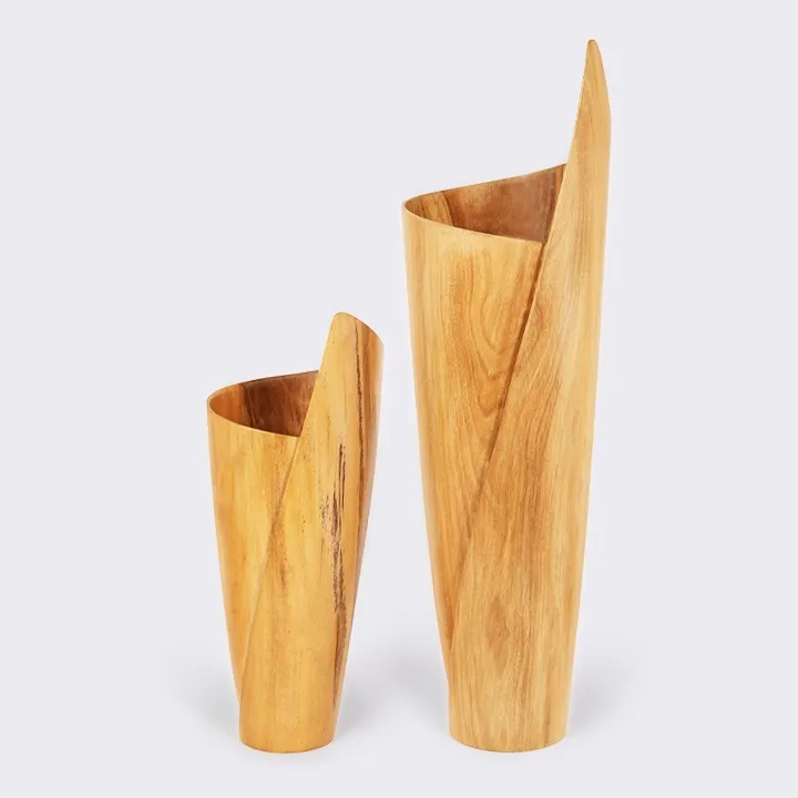 Rotating view of the Handcrafted tall wooden vase with a sculptural, asymmetrical rim on a white background.
