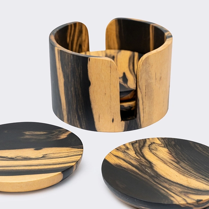 Rotating view highlighting the round coaster's features.