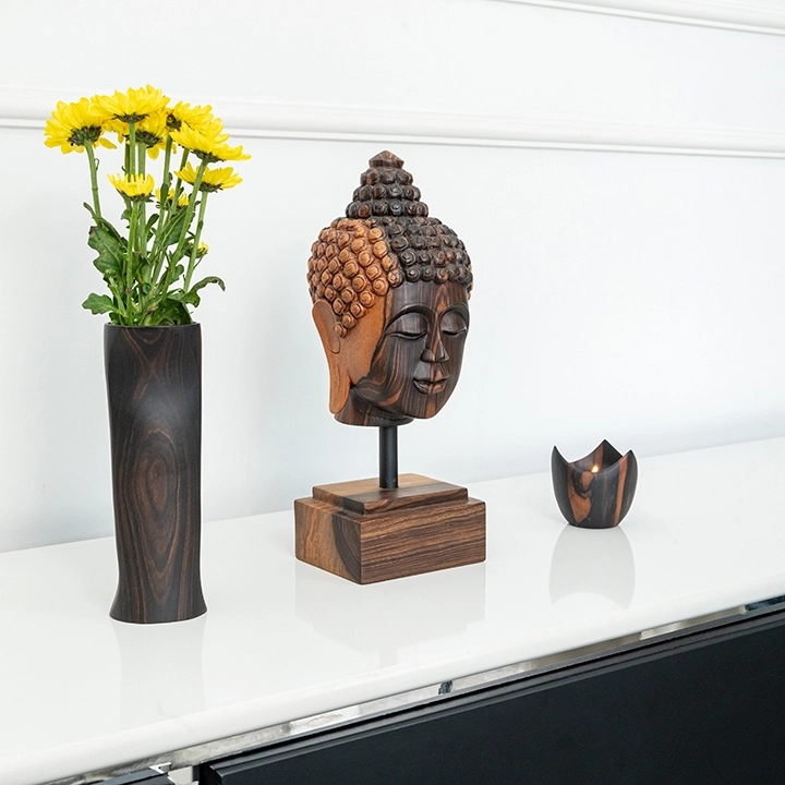 Picture in situ of the Buddha Head Short Haircut on Pedestal