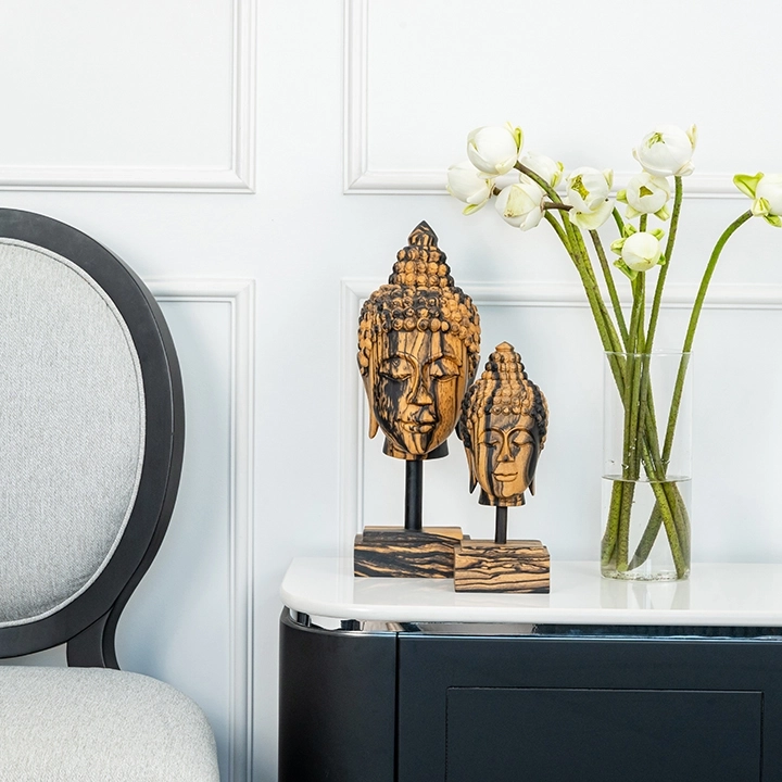 Picture in situ of the Buddha Head Short Haircut on Pedestal set.2