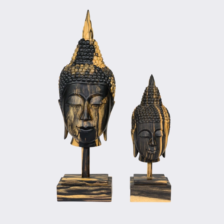 Studio picture of the Buddha Head Tall Parted Haircut on Pedestal Set2